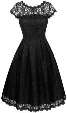 Popular Scalloped Knee Length A-line Short Sleeves Black Homecoming Dress Zipper