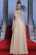Pretty Champagne One Shoulder Neckline Appliques and Ruching Prom Evening Gown Sleeveless Side Zipper