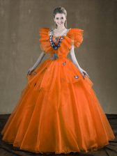  Sleeveless Lace Up Floor Length Appliques and Ruffles Ball Gown Prom Dress