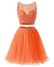 Comfortable A-line Prom Gown Orange Scoop Organza Sleeveless Mini Length Backless
