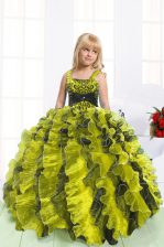 High Class Light Yellow Lace Up Little Girls Pageant Gowns Beading and Ruffles Sleeveless Floor Length