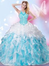 Excellent Blue And White Lace Up Halter Top Beading and Ruffles and Pick Ups 15 Quinceanera Dress Organza Sleeveless