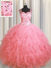 Enchanting See Through Zipper Up Floor Length Pink Quince Ball Gowns Square Sleeveless Zipper