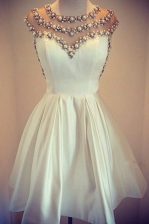  Scoop Cap Sleeves Satin Mini Length Zipper Prom Dress in White with Beading