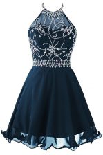 Inexpensive Scoop Beading and Belt Prom Evening Gown Navy Blue Zipper Sleeveless Mini Length