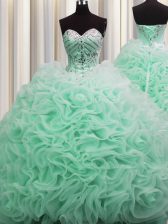 Excellent Brush Train Sweetheart Sleeveless Fabric With Rolling Flowers Quinceanera Gowns Beading and Pick Ups Lace Up