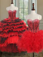  Three Piece Floor Length Lace Up Sweet 16 Quinceanera Dress Black and Red for Military Ball and Sweet 16 and Quinceanera with Beading and Ruffled Layers
