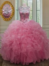  Ball Gowns Quince Ball Gowns Rose Pink Scoop Organza Sleeveless Floor Length Lace Up