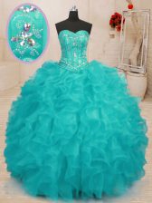 Smart Aqua Blue Ball Gowns Beading and Ruffles Vestidos de Quinceanera Lace Up Organza Sleeveless Floor Length