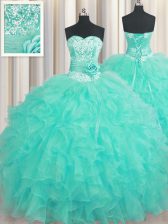  Handcrafted Flower Aqua Blue Sweetheart Neckline Beading and Ruffles and Hand Made Flower 15th Birthday Dress Sleeveless Lace Up