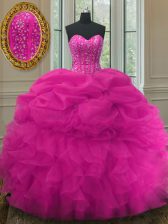  Pick Ups Fuchsia Sleeveless Organza Lace Up Quince Ball Gowns for Military Ball and Sweet 16 and Quinceanera