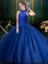 Elegant Blue Ball Gowns Beading and Appliques Quince Ball Gowns Lace Up Tulle Sleeveless Floor Length