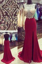  Burgundy A-line Chiffon Bateau Sleeveless Beading Backless Prom Party Dress Brush Train