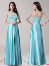 Custom Designed Beading and Appliques and Bowknot Prom Gown Aqua Blue Zipper Sleeveless Floor Length