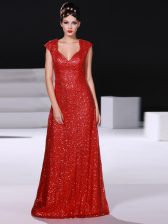 Superior Red Zipper Prom Gown Sequins Sleeveless Floor Length