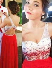  One Shoulder Red Sleeveless Chiffon Backless Prom Dress for Prom and Party