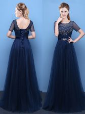 Graceful Floor Length Navy Blue Prom Dresses Scoop Short Sleeves Lace Up
