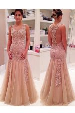 Low Price Floor Length Mermaid Sleeveless Peach Prom Party Dress Zipper