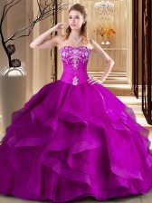  Floor Length Lace Up Sweet 16 Dress Fuchsia for Military Ball and Sweet 16 and Quinceanera with Embroidery and Ruffles