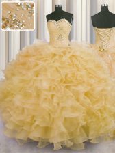 Flare Sleeveless Organza Floor Length Lace Up 15 Quinceanera Dress in Gold with Beading and Ruffles