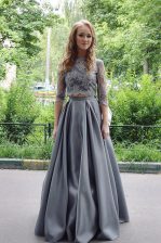 Dramatic Scoop 3 4 Length Sleeve Homecoming Dress Floor Length Lace Grey Satin
