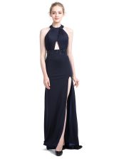  Halter Top Backless With Train Black Prom Gown Elastic Woven Satin Brush Train Sleeveless Beading