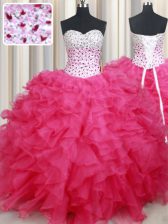 Sleeveless Floor Length Beading and Ruffles Lace Up Sweet 16 Dresses with Hot Pink