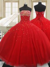 Classical Floor Length Red Sweet 16 Quinceanera Dress Strapless Sleeveless Lace Up
