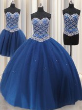  Three Piece Tulle Sweetheart Sleeveless Lace Up Beading and Sequins Sweet 16 Dress in Blue