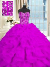  Sweetheart Sleeveless Brush Train Lace Up Ball Gown Prom Dress Purple Organza