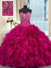  Fuchsia Lace Up Sweetheart Beading and Ruffles 15th Birthday Dress Organza Sleeveless Brush Train