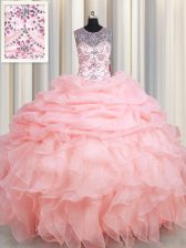 Sexy See Through Scoop Sleeveless Quinceanera Gown Floor Length Beading and Ruffles and Pick Ups Baby Pink Organza