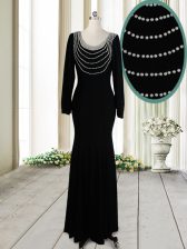 High Class Scoop Backless Elastic Woven Satin Long Sleeves Floor Length Prom Gown and Beading