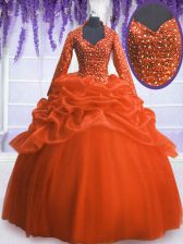  Sequins Pick Ups Floor Length Orange Red Sweet 16 Quinceanera Dress V-neck Long Sleeves Zipper