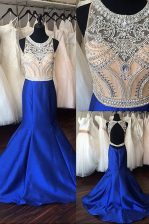  Mermaid Scoop Royal Blue Sleeveless Sweep Train Beading Prom Party Dress