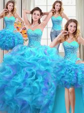 Romantic Four Piece Multi-color Organza Lace Up Quince Ball Gowns Sleeveless Floor Length Beading and Ruffles