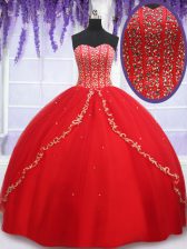 Traditional Red Sleeveless Floor Length Beading and Appliques Lace Up Quinceanera Gown