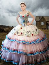  White Straps Neckline Embroidery and Ruffled Layers Ball Gown Prom Dress Cap Sleeves Lace Up