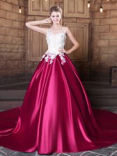 Stylish Scoop Sleeveless Quinceanera Dresses Court Train Lace and Appliques Hot Pink Elastic Woven Satin
