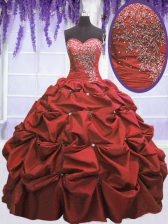 Fine Coral Red Ball Gowns Sweetheart Sleeveless Taffeta Floor Length Lace Up Beading and Pick Ups Quinceanera Gowns