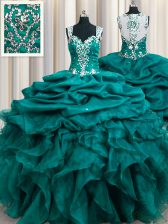 Pretty Straps Pick Ups Floor Length Ball Gowns Sleeveless Teal Quinceanera Gowns Zipper