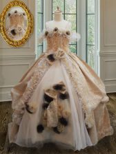 Glamorous Off The Shoulder Sleeveless Sweet 16 Dress Floor Length Lace and Ruffles and Hand Made Flower Champagne Organza and Lace