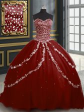  Burgundy Sleeveless With Train Beading and Appliques Lace Up Vestidos de Quinceanera