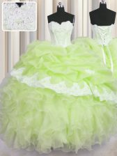  Yellow Green Organza Lace Up 15 Quinceanera Dress Sleeveless Floor Length Beading and Appliques and Ruffles and Pick Ups