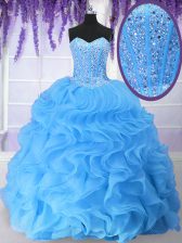 Custom Designed Floor Length Baby Blue Vestidos de Quinceanera Organza Sleeveless Beading and Ruffles
