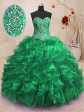 Hot Sale With Train Lace Up Sweet 16 Quinceanera Dress Green for Military Ball and Sweet 16 and Quinceanera with Beading and Ruffles Sweep Train