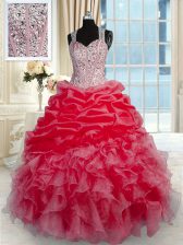 Dazzling Red Ball Gowns Beading and Ruffles Quinceanera Dress Zipper Organza Sleeveless Floor Length