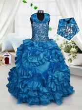  Halter Top Sleeveless Beading and Ruffles Zipper Girls Pageant Dresses