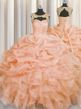  Pick Ups Floor Length Peach Quinceanera Gowns Scoop Sleeveless Lace Up