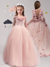  Scoop Pink Backless Flower Girl Dresses for Less Lace and Appliques and Ruffles Long Sleeves With Brush Train